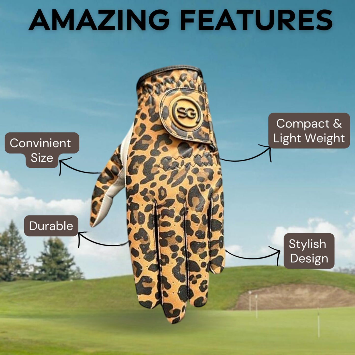 SG Ladies/Women’s Golf Gloves Comfortable Cabretta Leather & Microfibre Material – Left Hand Glove for Right Handed Golfer - Leopard Print - Better Grip - Flexible Hand Movement – Adjustable Velcro Closure