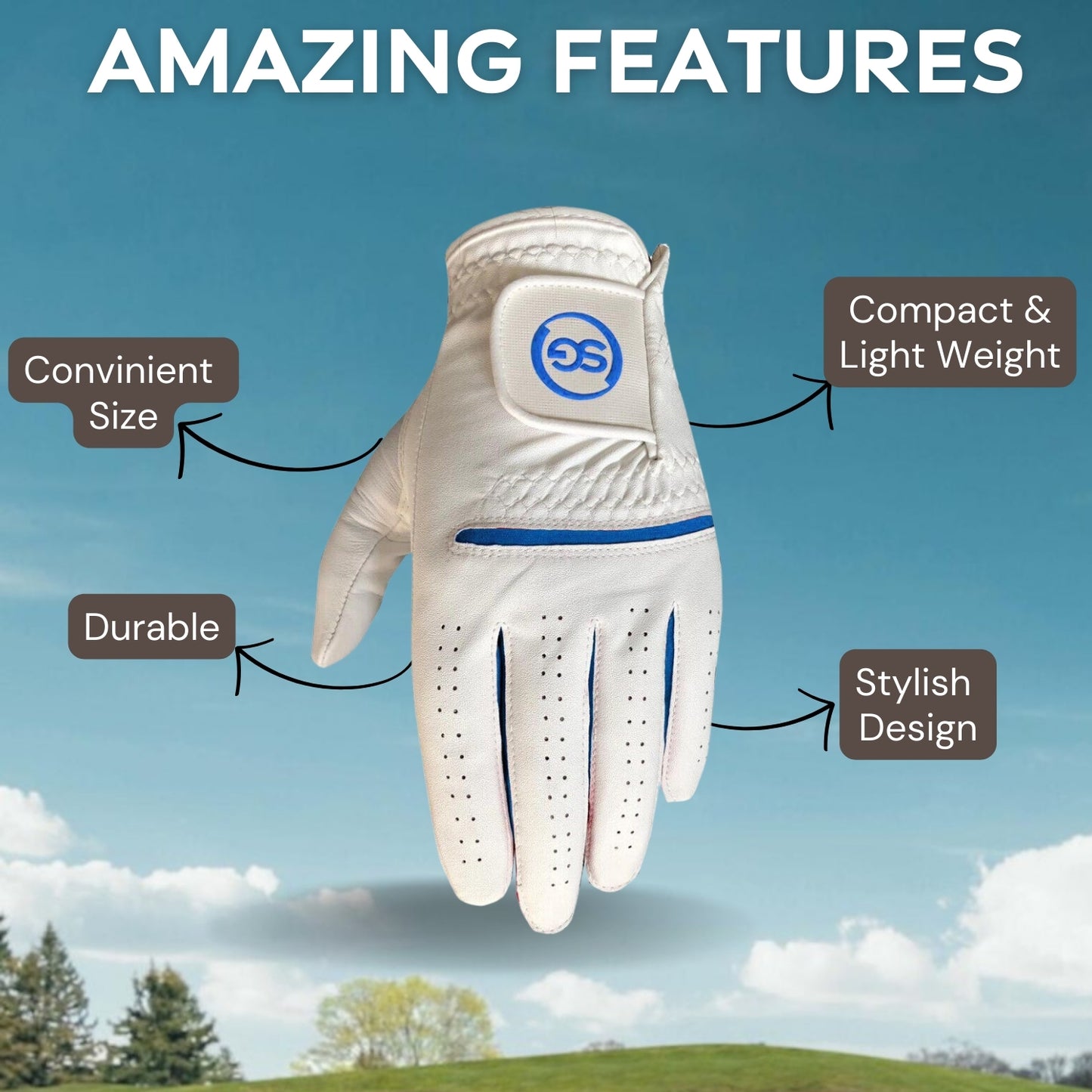 06035 - SG Men Blue/White All weather Golf Gloves Cabretta leather palm patch and Thumb