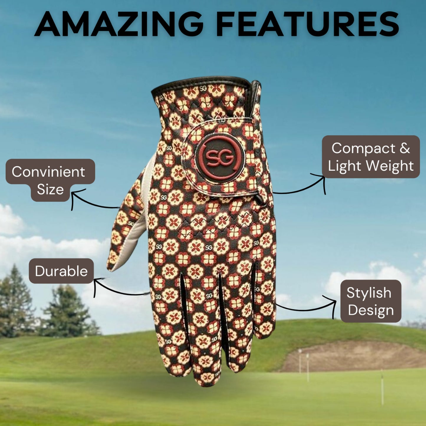 Ladies/Women Golf Gloves Cabretta Leather Palm + Patch and thumb - Multi Design Pack - Better Grip - Flexible Hand Movement – Adjustable Velcro