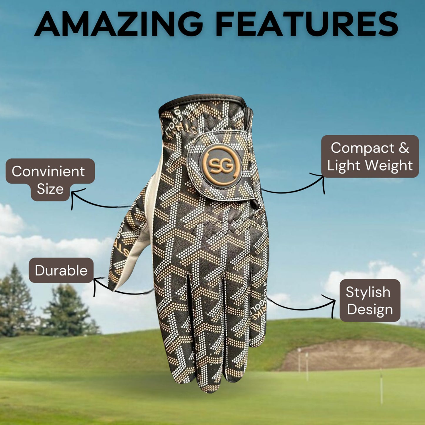 Ladies/Women Golf Gloves Comfortable Cabretta Leather & Microfiber Material - Trendy Print, Better Grip Flexible Hand Movement – Adjustable Velcro Closure