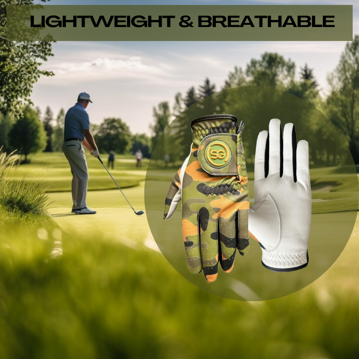 Men Twin Pack of Camo Golf Gloves - Cabretta Leather Palm + Patch and thumb - Better Grip - Flexible Hand Movement – Adjustable Velcro