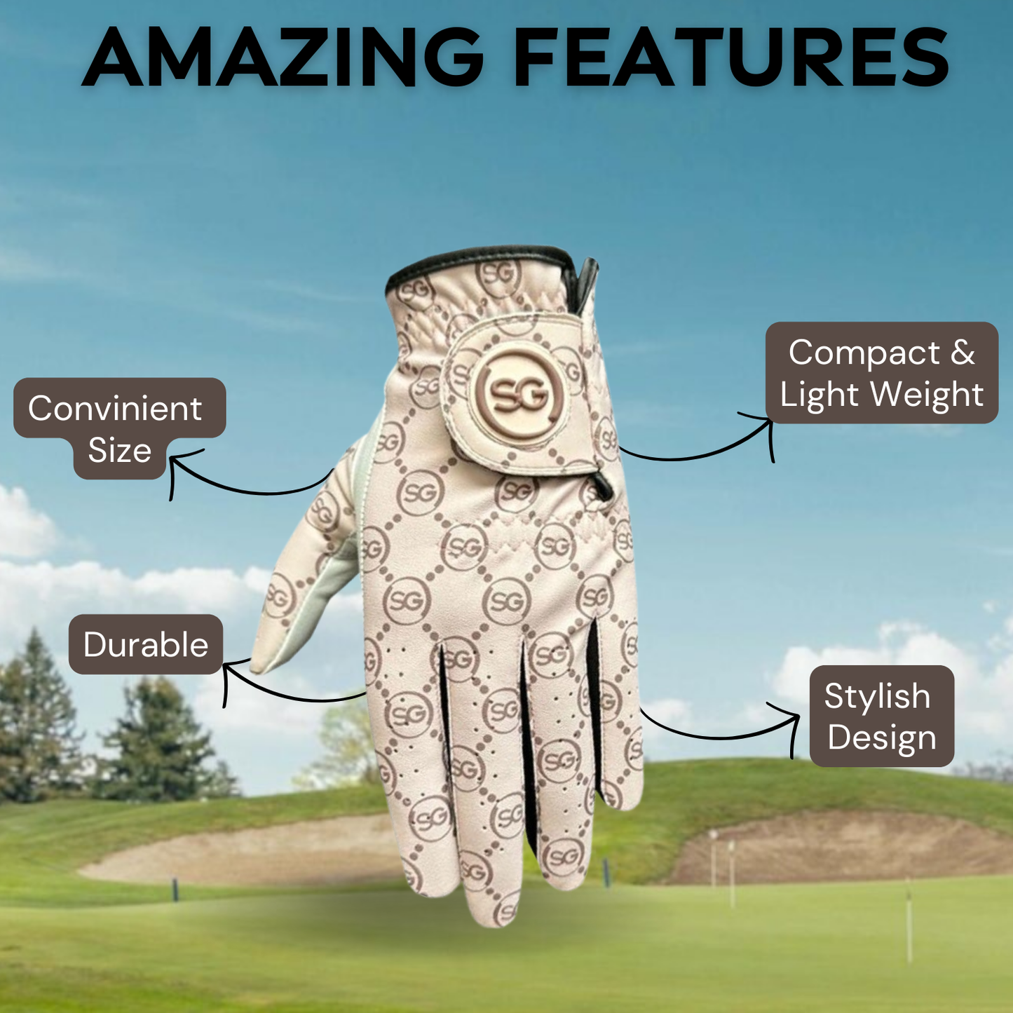 Women Golf Gloves Comfortable Cabretta Leather and Microfiber Material Golf Player Printed SG Pattern Better Grip Flexible Hand Movement – Lightweight – Adjustable Velcro Closure – Left hand