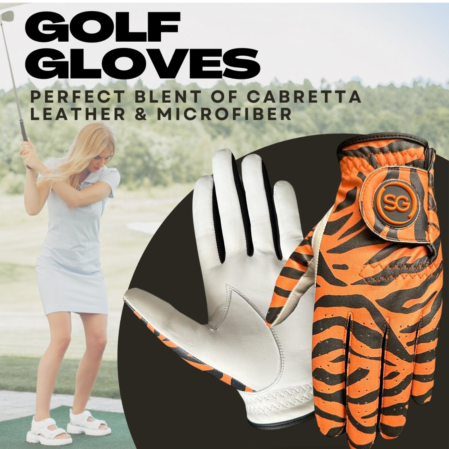 Women Golf Gloves Comfortable Cabretta Leather & Microfiber Material – Left hand Golf Player – Tiger Strips - Better Grip Flexible Hand Movement – Adjustable Velcro Closure - Medium