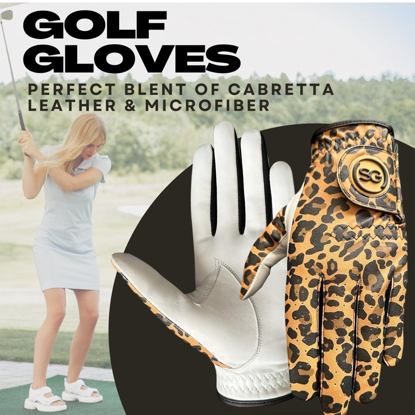 SG Ladies/Women’s Golf Gloves Comfortable Cabretta Leather & Microfibre Material – Left Hand Glove for Right Handed Golfer - Leopard Print - Better Grip - Flexible Hand Movement – Adjustable Velcro Closure