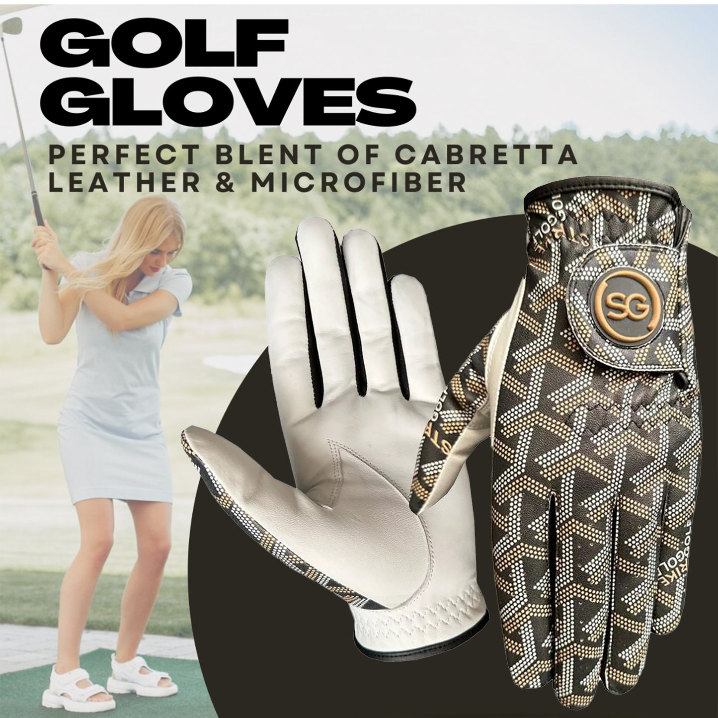 Ladies/Women Golf Gloves Comfortable Cabretta Leather & Microfiber Material - Trendy Print, Better Grip Flexible Hand Movement – Adjustable Velcro Closure