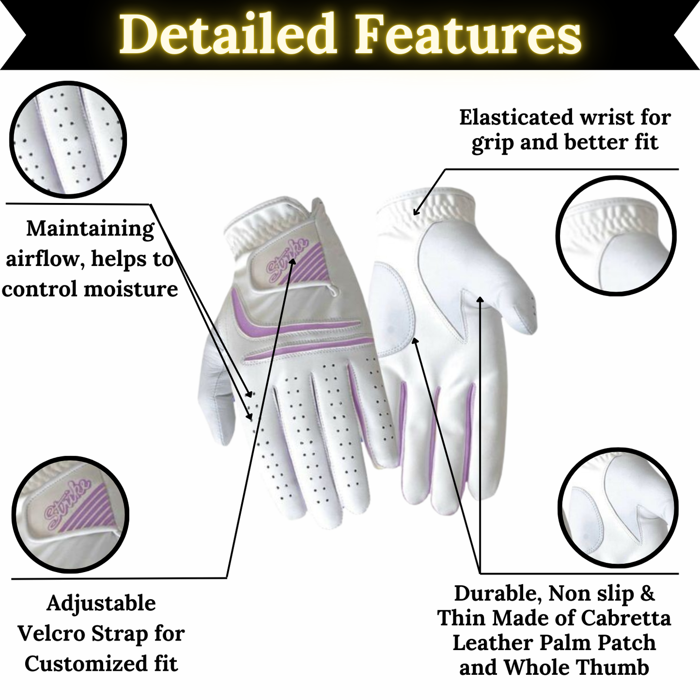 SG Women Purple All Weather Golf Gloves Cabretta Leather palm patch and thumb
