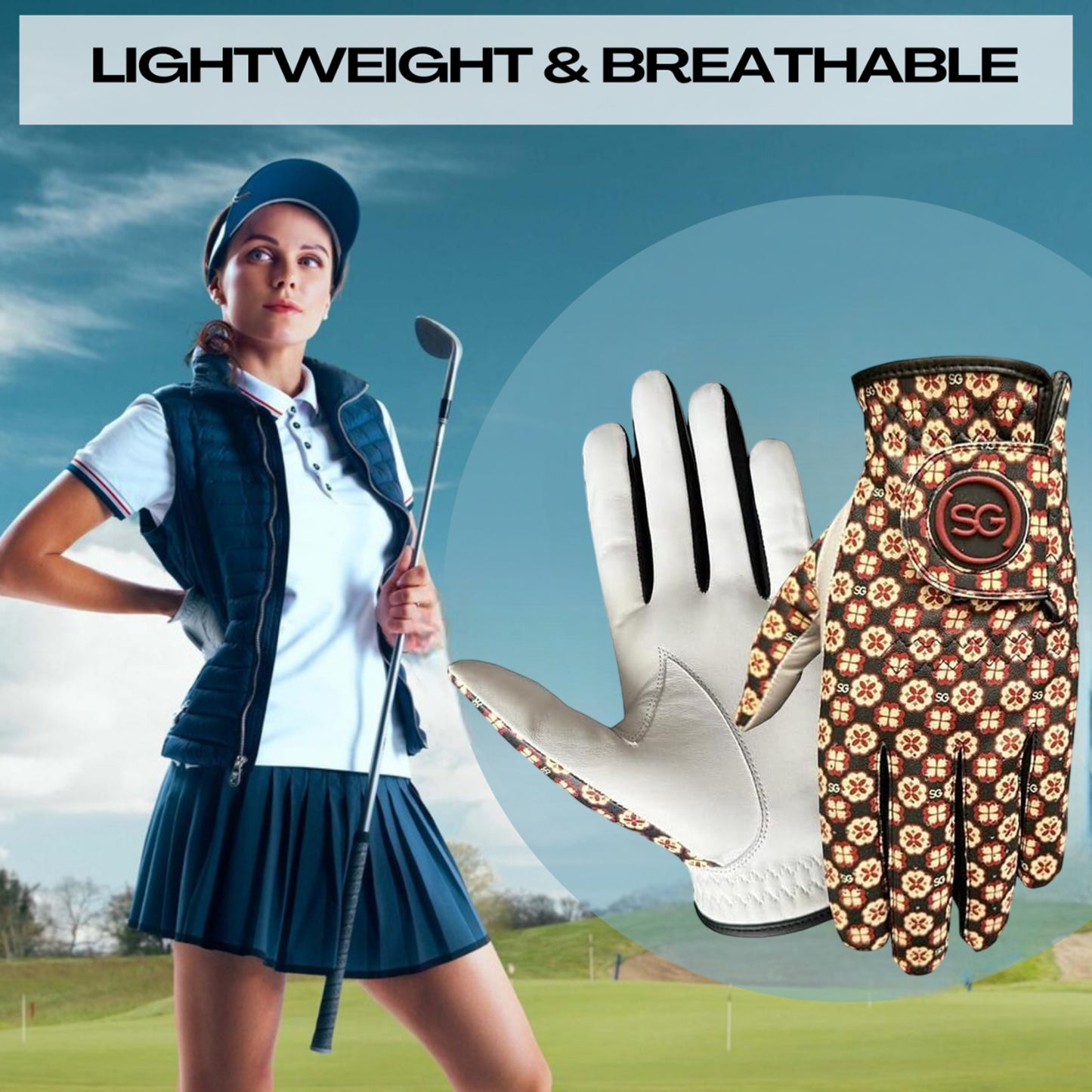 Ladies/Women Golf Gloves Cabretta Leather & Microfiber Material - Trendy Flower Print, Better Grip Flexible Hand Movement – Adjustable Velcro Closure