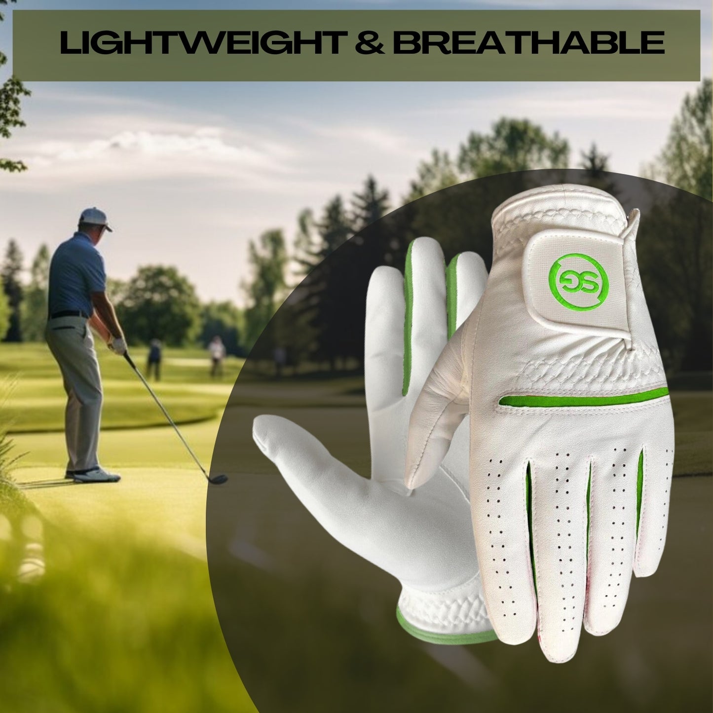 06035 - SG Men Green/White All weather Golf Gloves Cabretta leather palm patch and Thumb