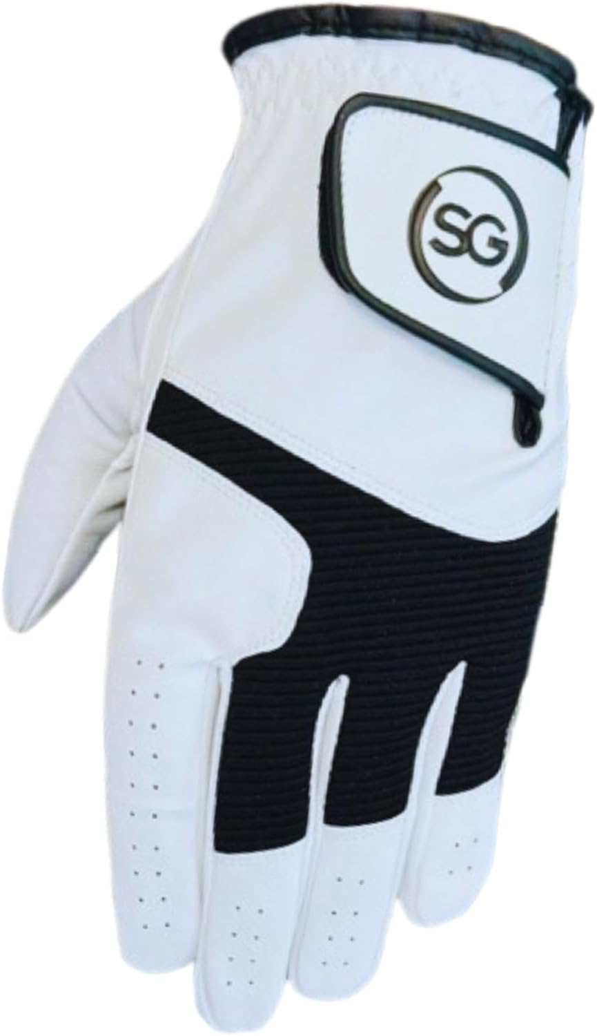 06045 - All Weather Men Golf Gloves Cabretta Leather Thumb and Palm Patch, Suitable for All Weather Conditions - Soft Feel Grip - For Both Left Right Handed Golfer - White&Black Pilot