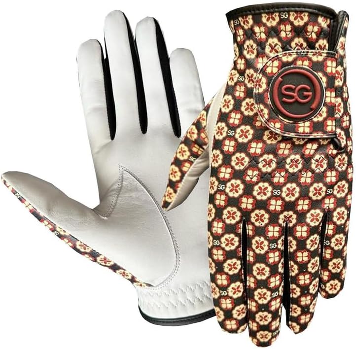 Ladies/Women Golf Gloves Cabretta Leather & Microfiber Material - Trendy Flower Print, Better Grip Flexible Hand Movement – Adjustable Velcro Closure