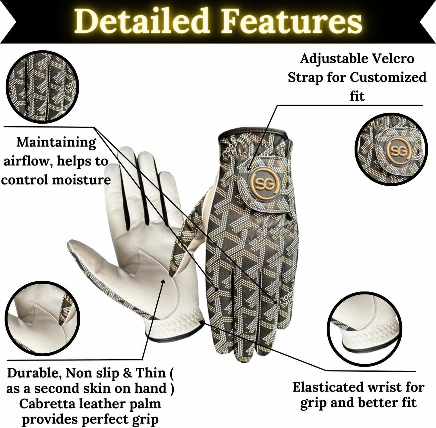 Ladies/Women Golf Gloves Comfortable Cabretta Leather & Microfiber Material - Trendy Print, Better Grip Flexible Hand Movement – Adjustable Velcro Closure