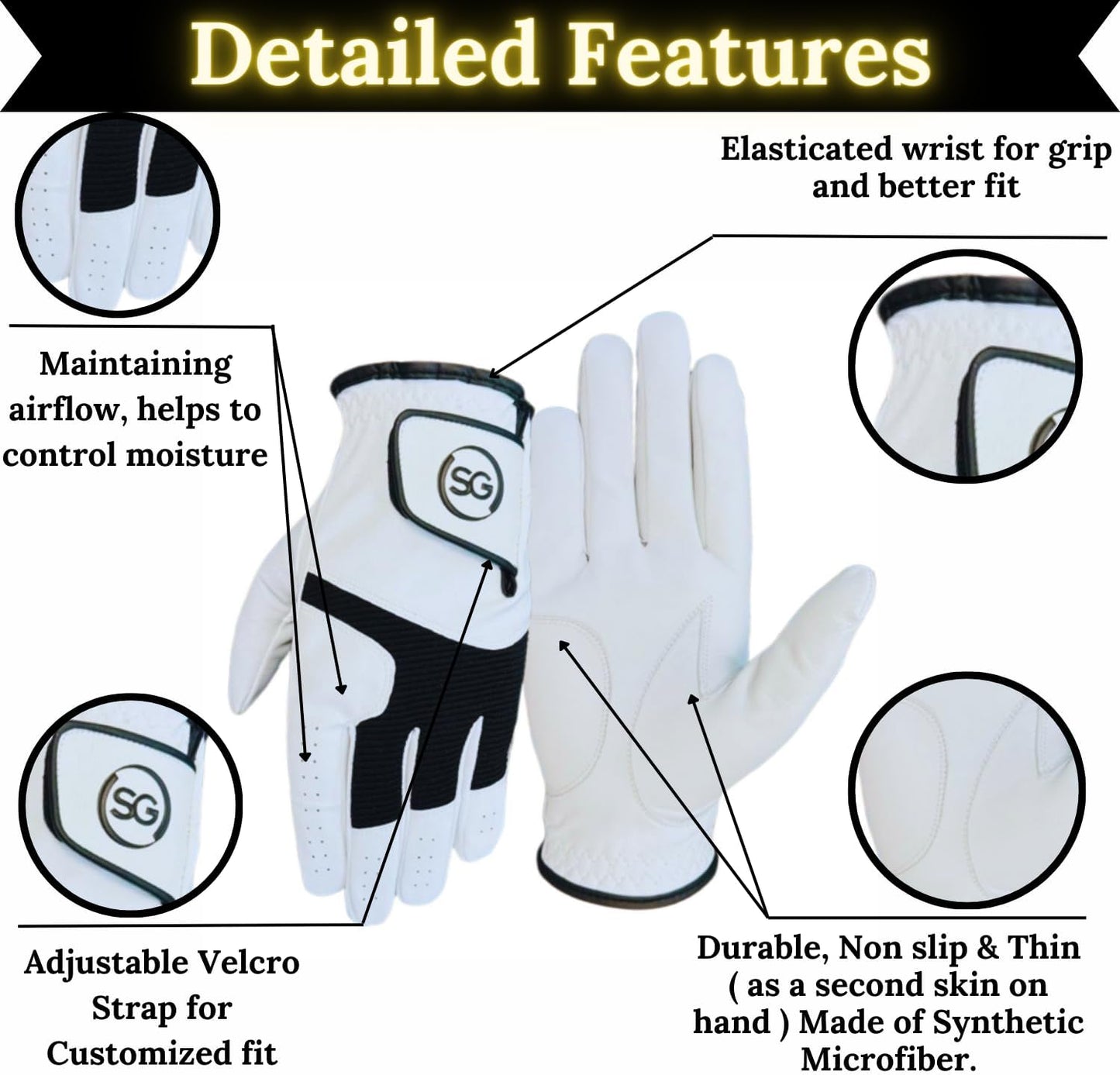 06045 - All Weather Men Golf Gloves Cabretta Leather Thumb and Palm Patch, Suitable for All Weather Conditions - Soft Feel Grip - For Both Left Right Handed Golfer - White&Black Pilot