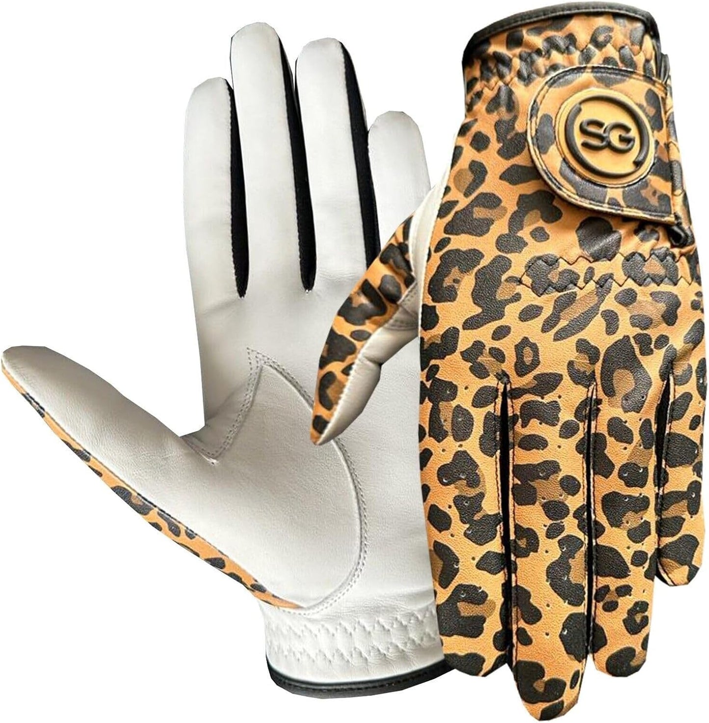 SG Ladies/Women’s Golf Gloves Comfortable Cabretta Leather & Microfibre Material – Left Hand Glove for Right Handed Golfer - Leopard Print - Better Grip - Flexible Hand Movement – Adjustable Velcro Closure