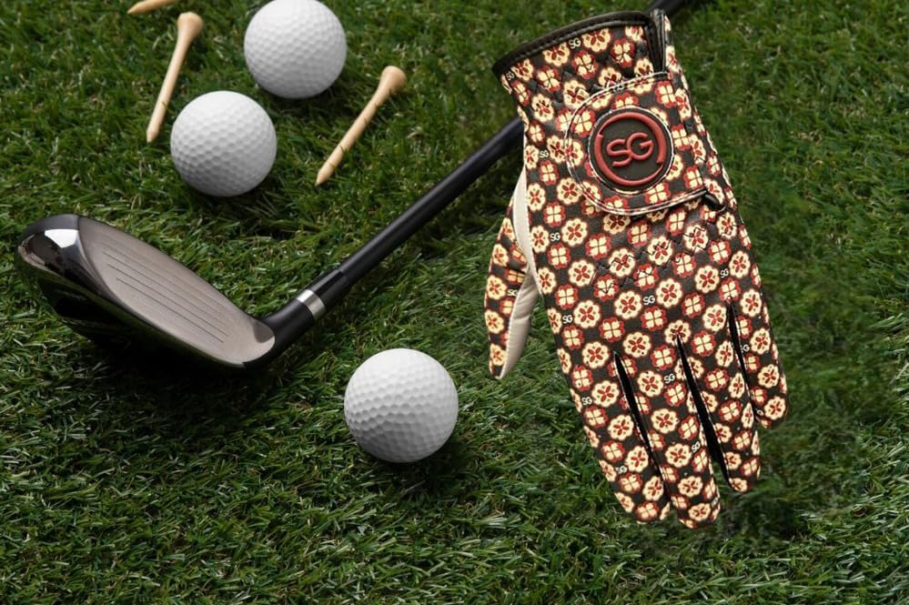 Ladies/Women Golf Gloves Cabretta Leather & Microfiber Material - Trendy Flower Print, Better Grip Flexible Hand Movement – Adjustable Velcro Closure