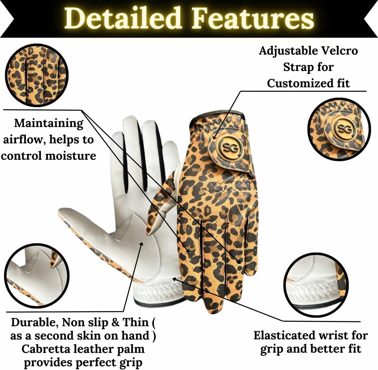 SG Ladies/Women’s Golf Gloves Comfortable Cabretta Leather & Microfibre Material – Left Hand Glove for Right Handed Golfer - Leopard Print - Better Grip - Flexible Hand Movement – Adjustable Velcro Closure
