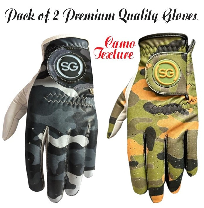 Men Twin Pack of Camo Golf Gloves - Cabretta Leather Palm + Patch and thumb - Better Grip - Flexible Hand Movement – Adjustable Velcro