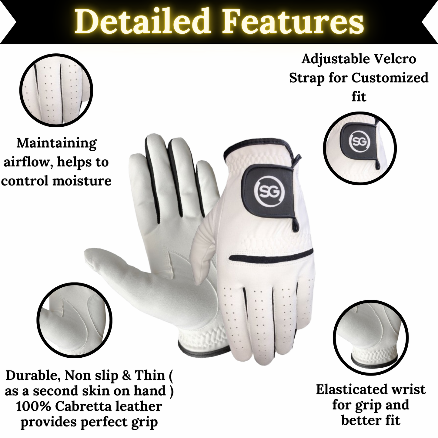 06035 - SG Men Black/White All weather Golf Gloves Cabretta leather palm patch and Thumb