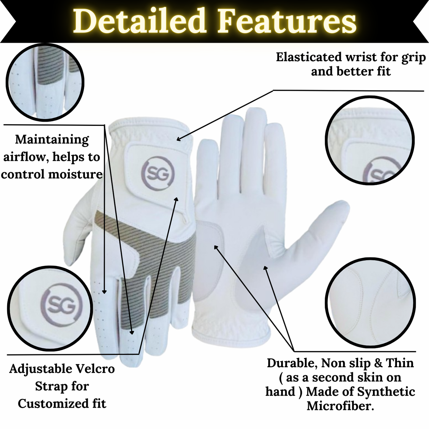 06045 - SG Men All Weather Synthetic Leather Golf Gloves - Twin Pack - Cabretta Leather Palm Patch and thumb - Better Grip - Flexible Hand Movement – Adjustable Velcro in Color Grey ,White and Black