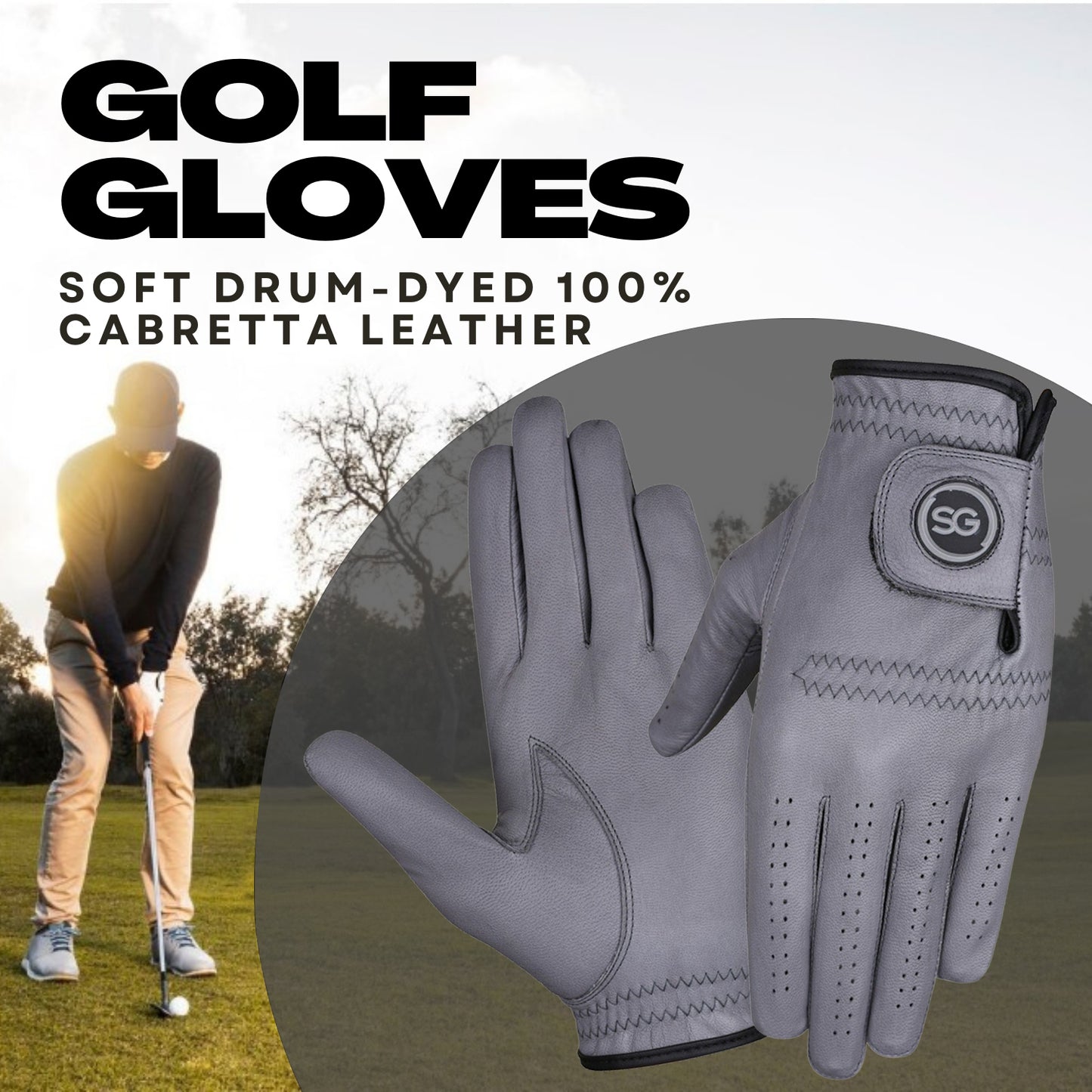 Guanti da golf SG Men Grey Cabretta Leather Pelle di prima qualità per golfisti sia mancini che destri