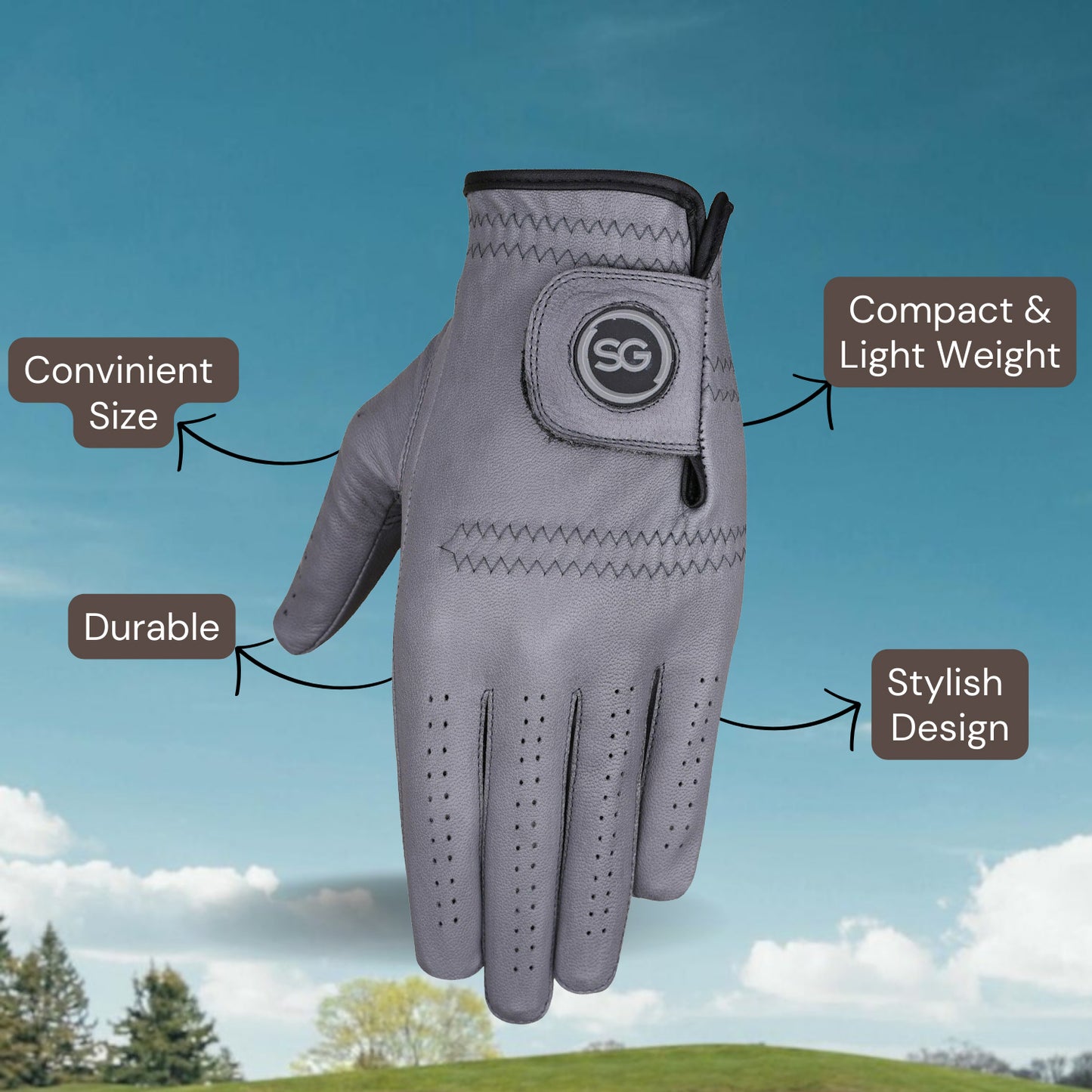 Guanti da golf SG Men Grey Cabretta Leather Pelle di prima qualità per golfisti sia mancini che destri