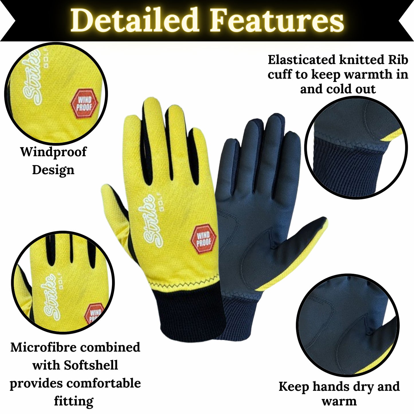 Guanti da golf invernali SG da donna giallo/nero termici antivento foderati in pile resistenti all'acqua