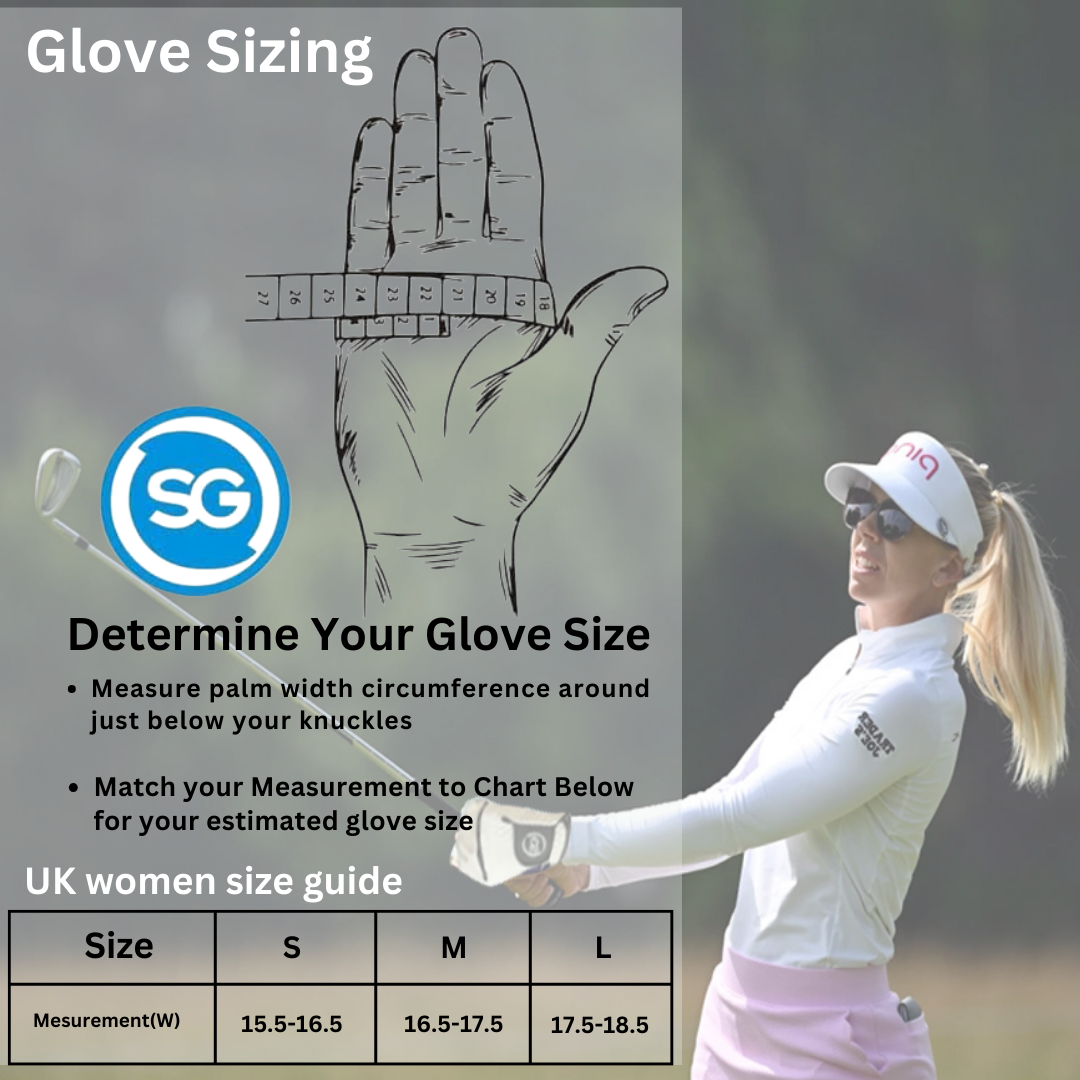 Women Golf Gloves Comfortable Cabretta Leather and Microfiber Material Golf Player Printed SG Pattern Better Grip Flexible Hand Movement – Lightweight – Adjustable Velcro Closure – Left hand