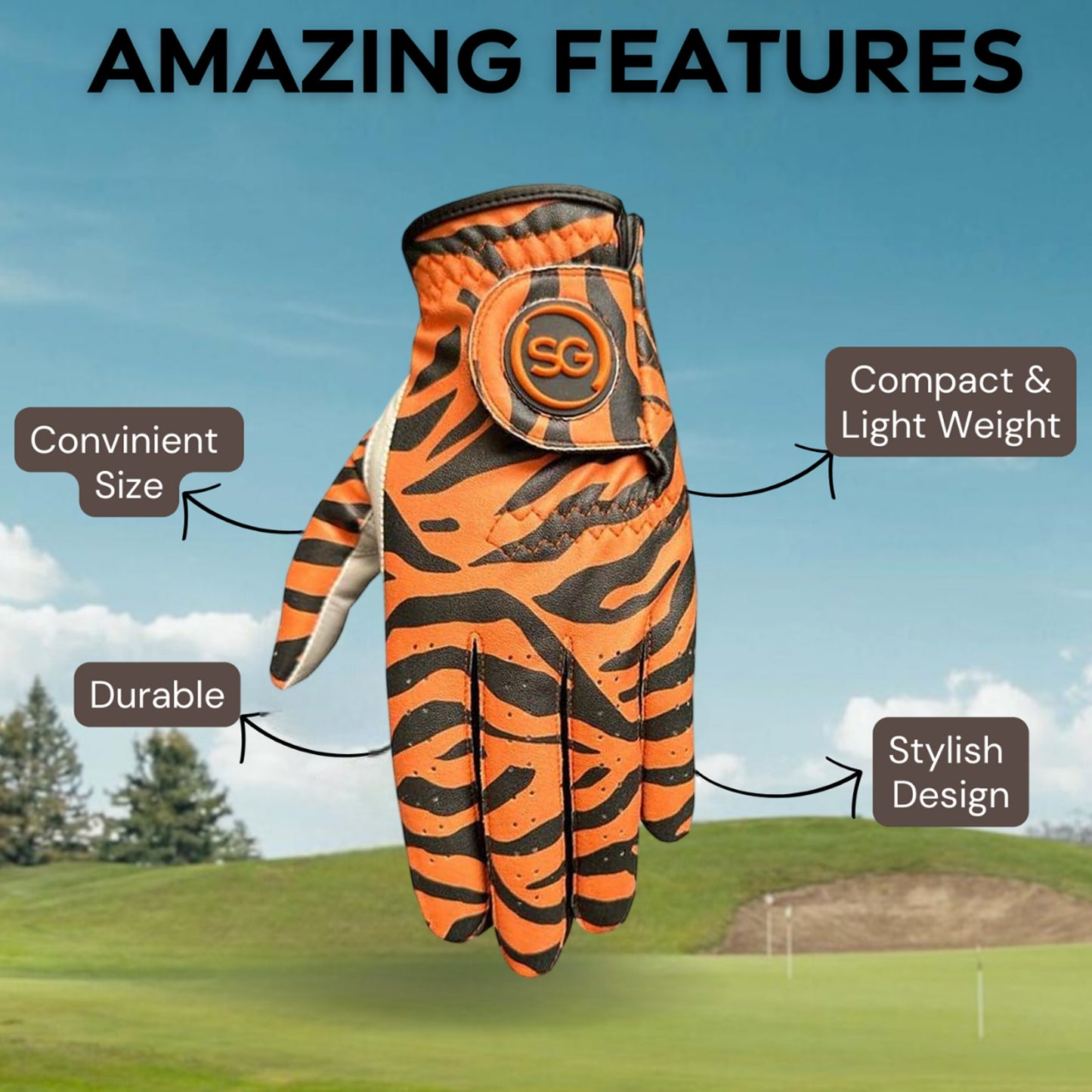 Women Golf Gloves Comfortable Cabretta Leather & Microfiber Material – Left hand Golf Player – Tiger Strips - Better Grip Flexible Hand Movement – Adjustable Velcro Closure - Medium