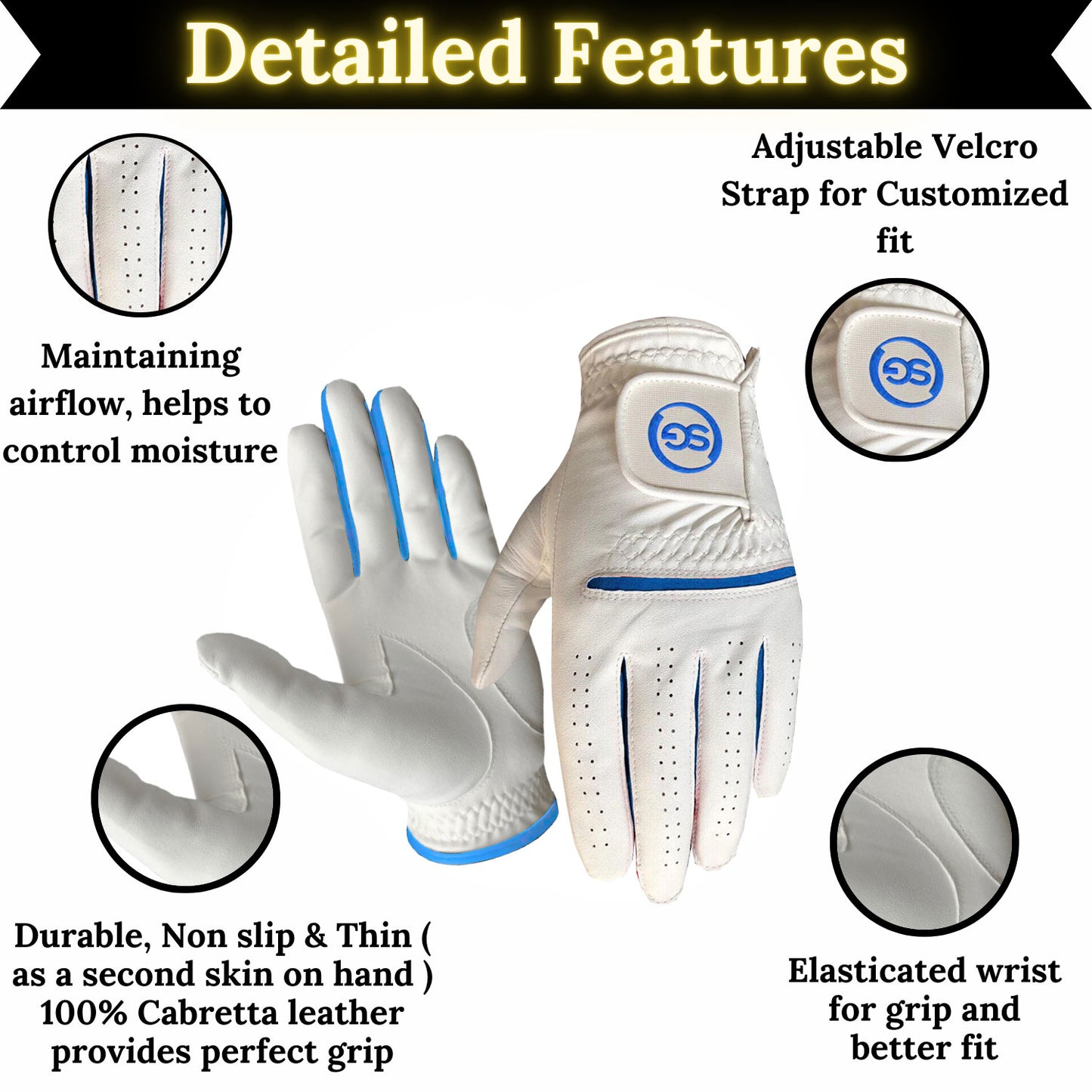 SG Men Blue/White All weather Golf Gloves Cabretta leather palm patch and Thumb