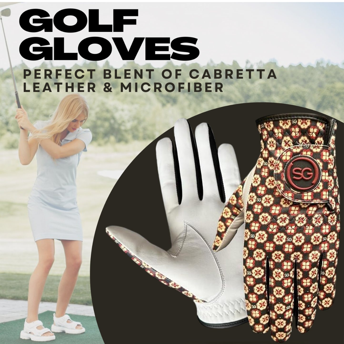 Ladies/Women Golf Gloves Cabretta Leather Palm +Patch and thumb - Multi Design Pack - Better Grip - Flexible Hand Movement – Adjustable Velcro