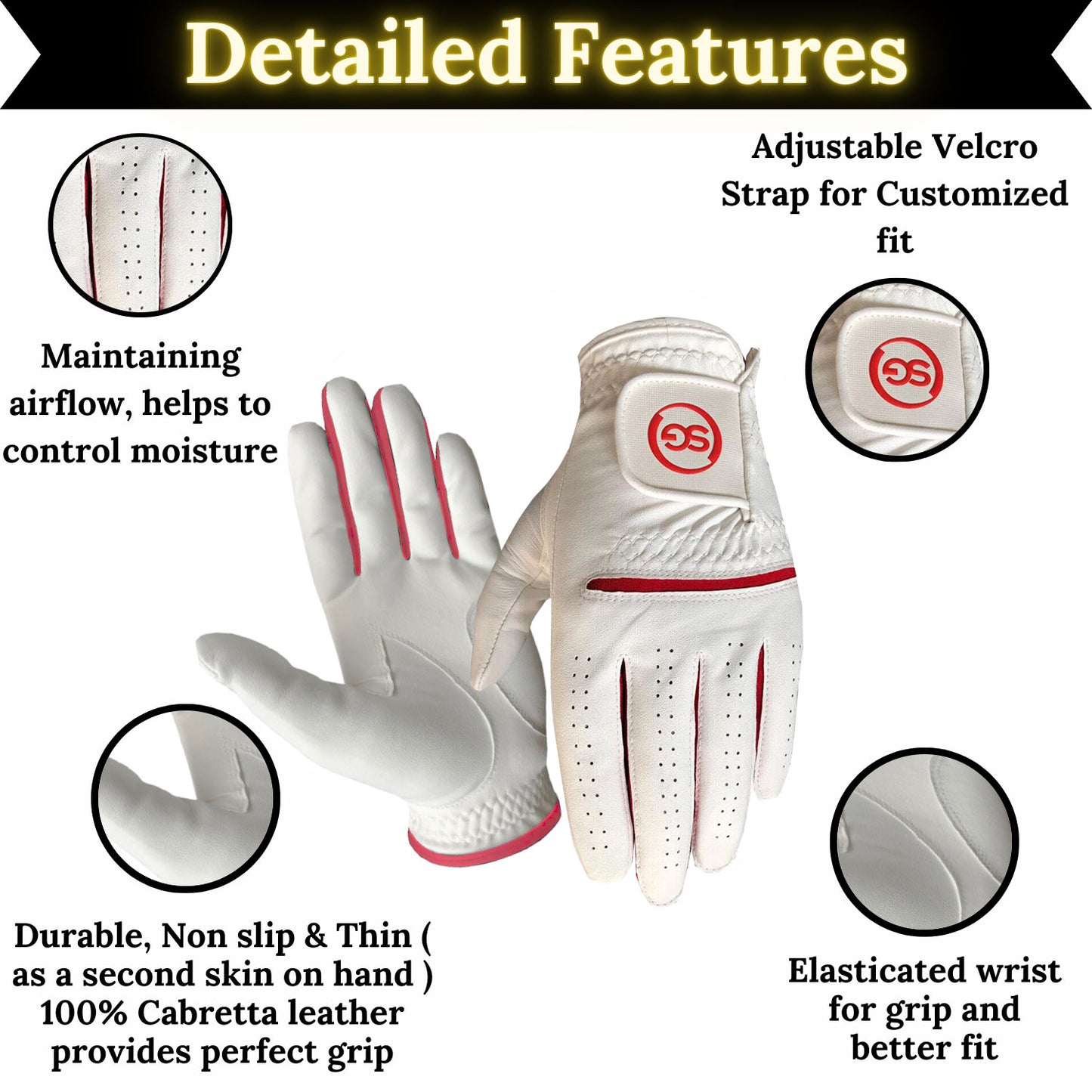 SG Men Red/White All weather Golf Gloves Cabretta leather palm patch and Thumb