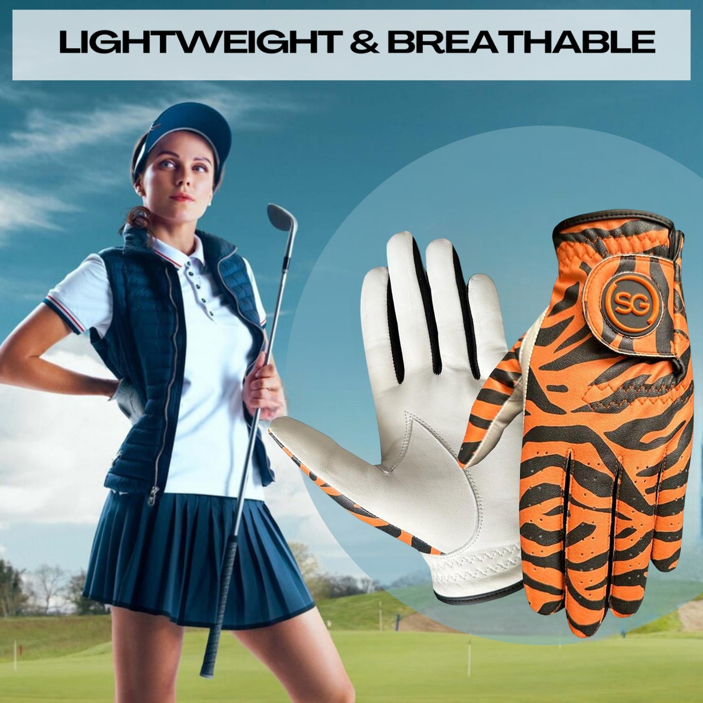 Women Golf Gloves Comfortable Cabretta Leather & Microfiber Material – Left hand Golf Player – Tiger Strips - Better Grip Flexible Hand Movement – Adjustable Velcro Closure - Medium