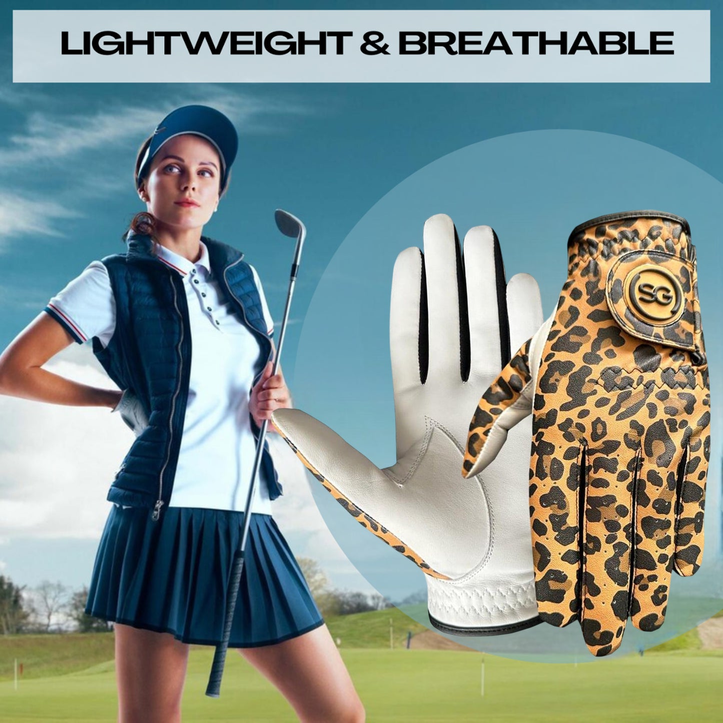 Sports Gear Ltd Golfhandschuhe für Damen/Frauen. Bequemes Cabretta-Leder und Mikrofasermaterial – Golfer für die linke Hand – Leopardenmuster, besserer Griff, flexible Handbewegung – verstellbarer Klettverschluss 