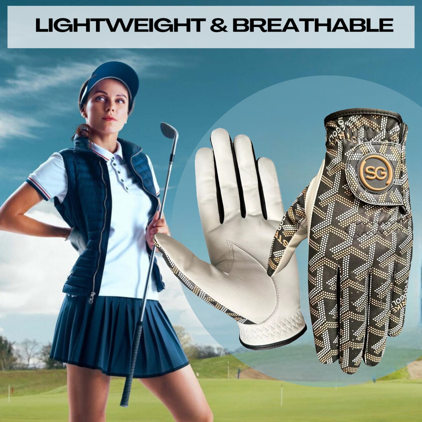 Ladies/Women Golf Gloves Comfortable Cabretta Leather & Microfiber Material -  Trendy Print, Better Grip Flexible Hand Movement – Adjustable Velcro Closure