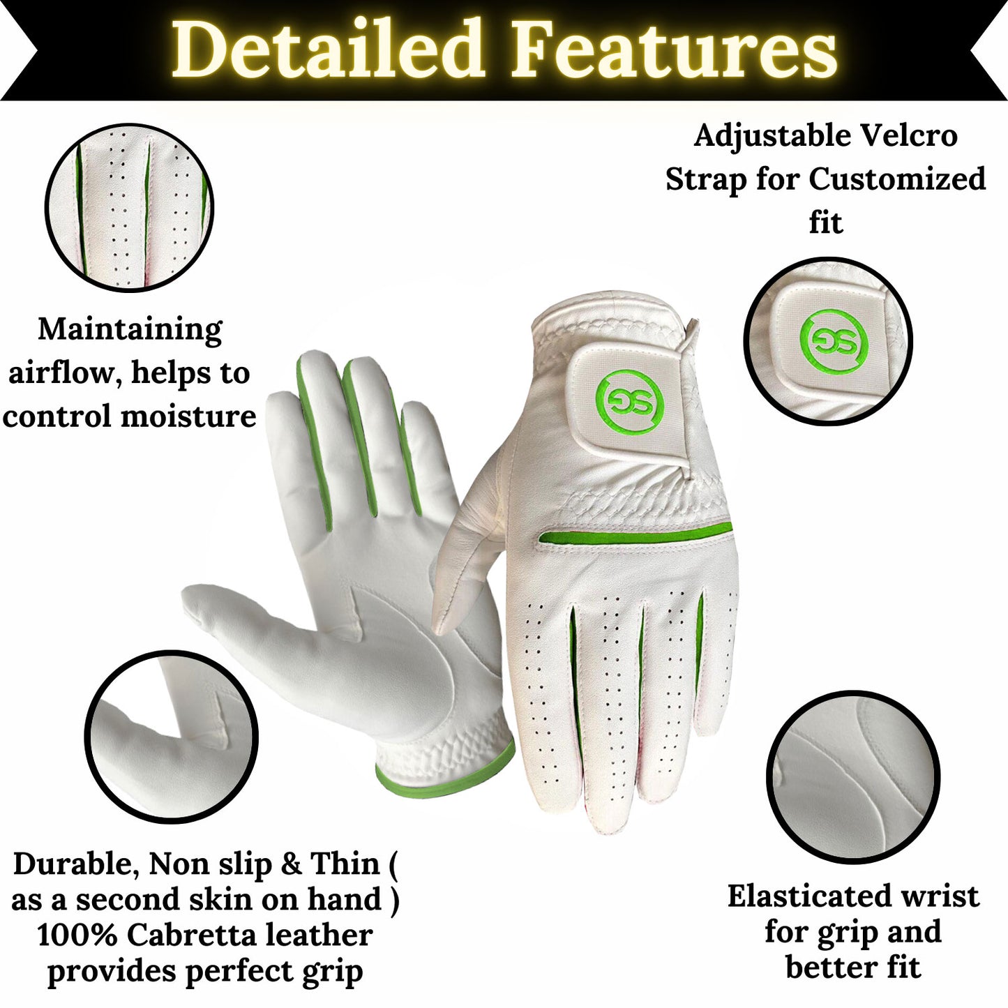 SG Men Green/White All weather Golf Gloves Cabretta leather palm patch and Thumb