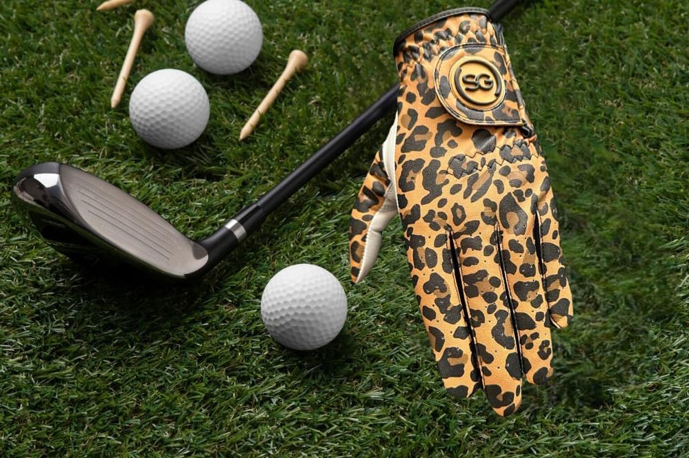 Sports Gear Ltd Golfhandschuhe für Damen/Frauen. Bequemes Cabretta-Leder und Mikrofasermaterial – Golfer für die linke Hand – Leopardenmuster, besserer Griff, flexible Handbewegung – verstellbarer Klettverschluss 