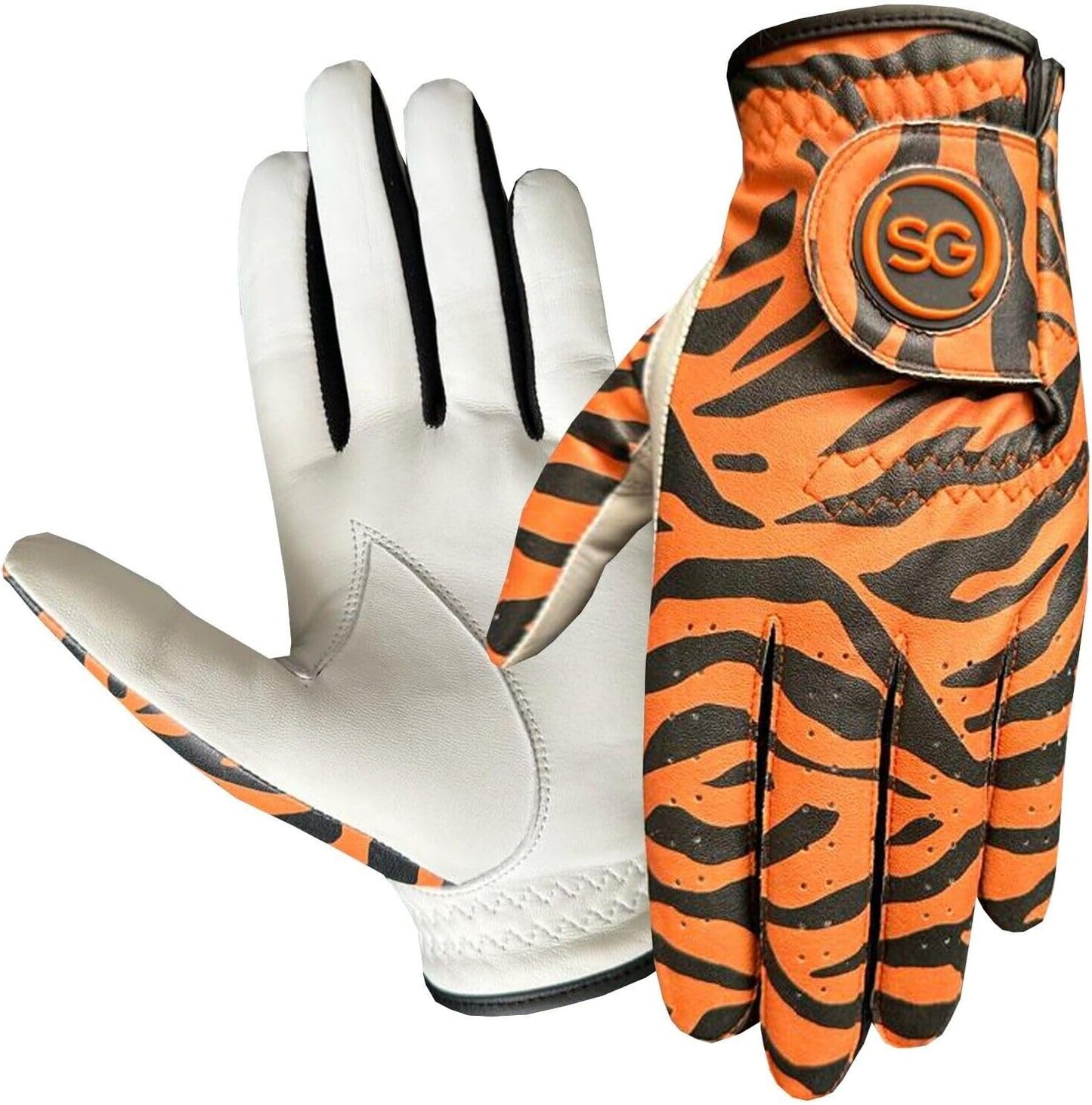 Women Golf Gloves Comfortable Cabretta Leather & Microfiber Material – Left hand Golf Player – Tiger Strips - Better Grip Flexible Hand Movement – Adjustable Velcro Closure - Medium