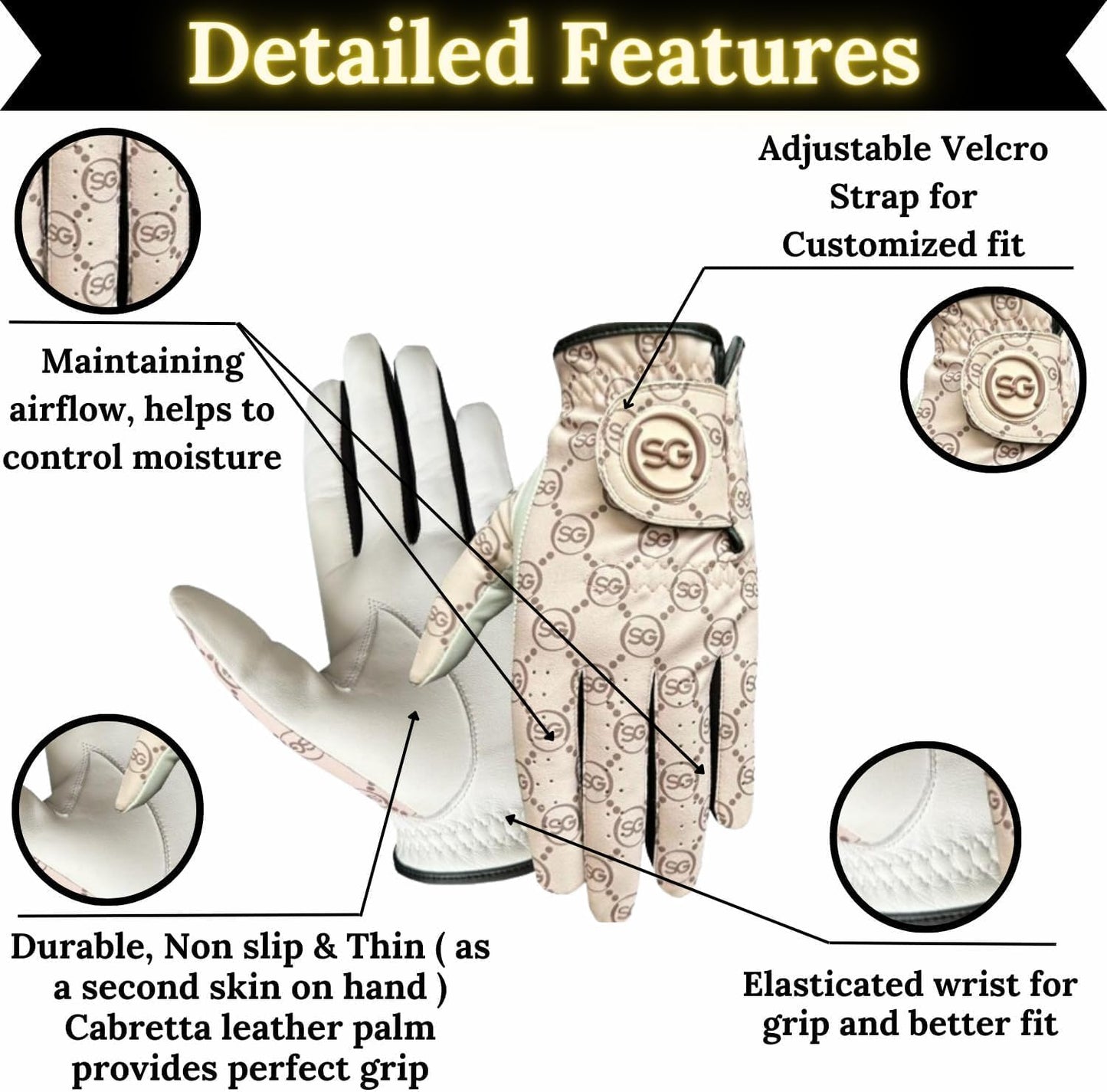 Women Golf Gloves Comfortable Cabretta Leather and Microfiber Material Golf Player Printed SG Pattern Better Grip Flexible Hand Movement – Lightweight – Adjustable Velcro Closure – Left hand