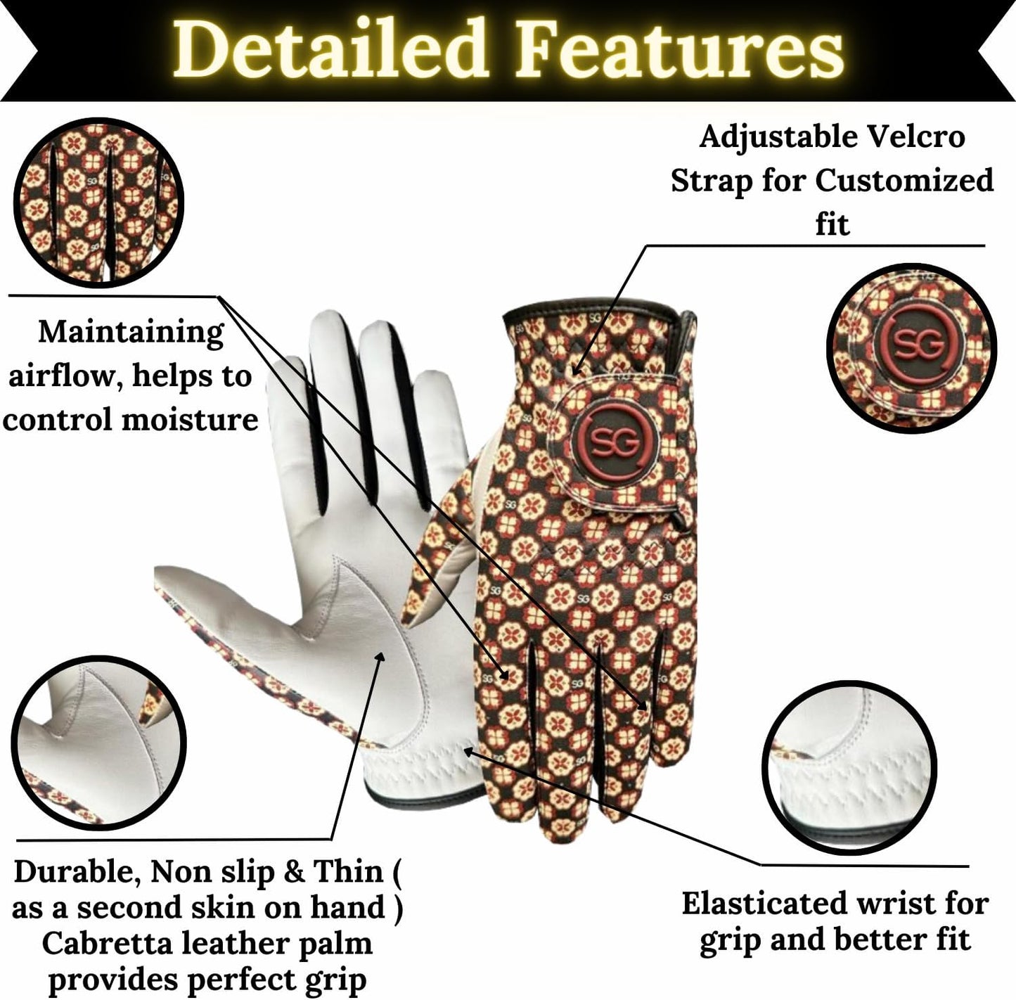 Ladies/Women Golf Gloves Cabretta Leather Palm +Patch and thumb - Multi Design Pack - Better Grip - Flexible Hand Movement – Adjustable Velcro