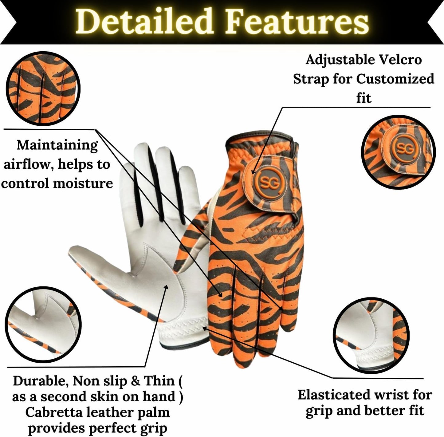 Women Golf Gloves Comfortable Cabretta Leather & Microfiber Material – Left hand Golf Player – Tiger Strips - Better Grip Flexible Hand Movement – Adjustable Velcro Closure - Medium