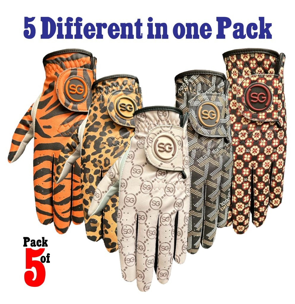 Ladies/Women Golf Gloves Cabretta Leather Palm +Patch and thumb - Multi Design Pack - Better Grip - Flexible Hand Movement – Adjustable Velcro