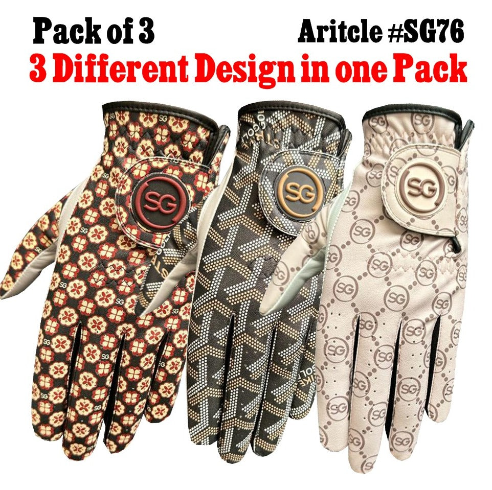 Ladies/Women Golf Gloves Cabretta Leather Palm + Patch and thumb - Multi Design Pack - Better Grip - Flexible Hand Movement – Adjustable Velcro