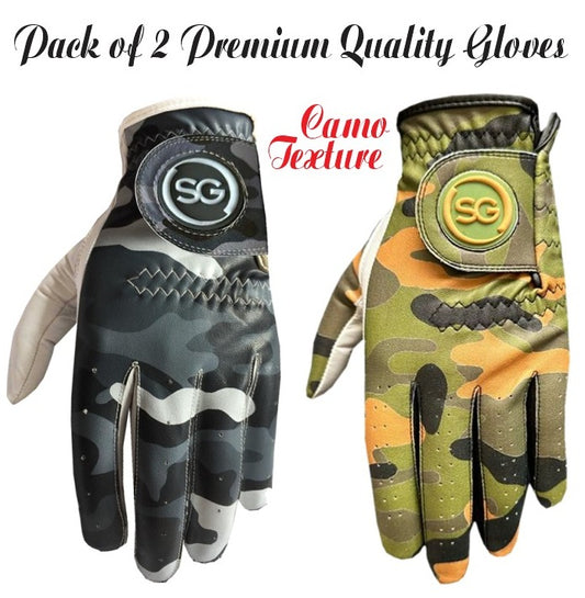 Men Twin Pack of Camo Golf Gloves - Cabretta Leather Palm + Patch and thumb  - Better Grip - Flexible Hand Movement – Adjustable Velcro