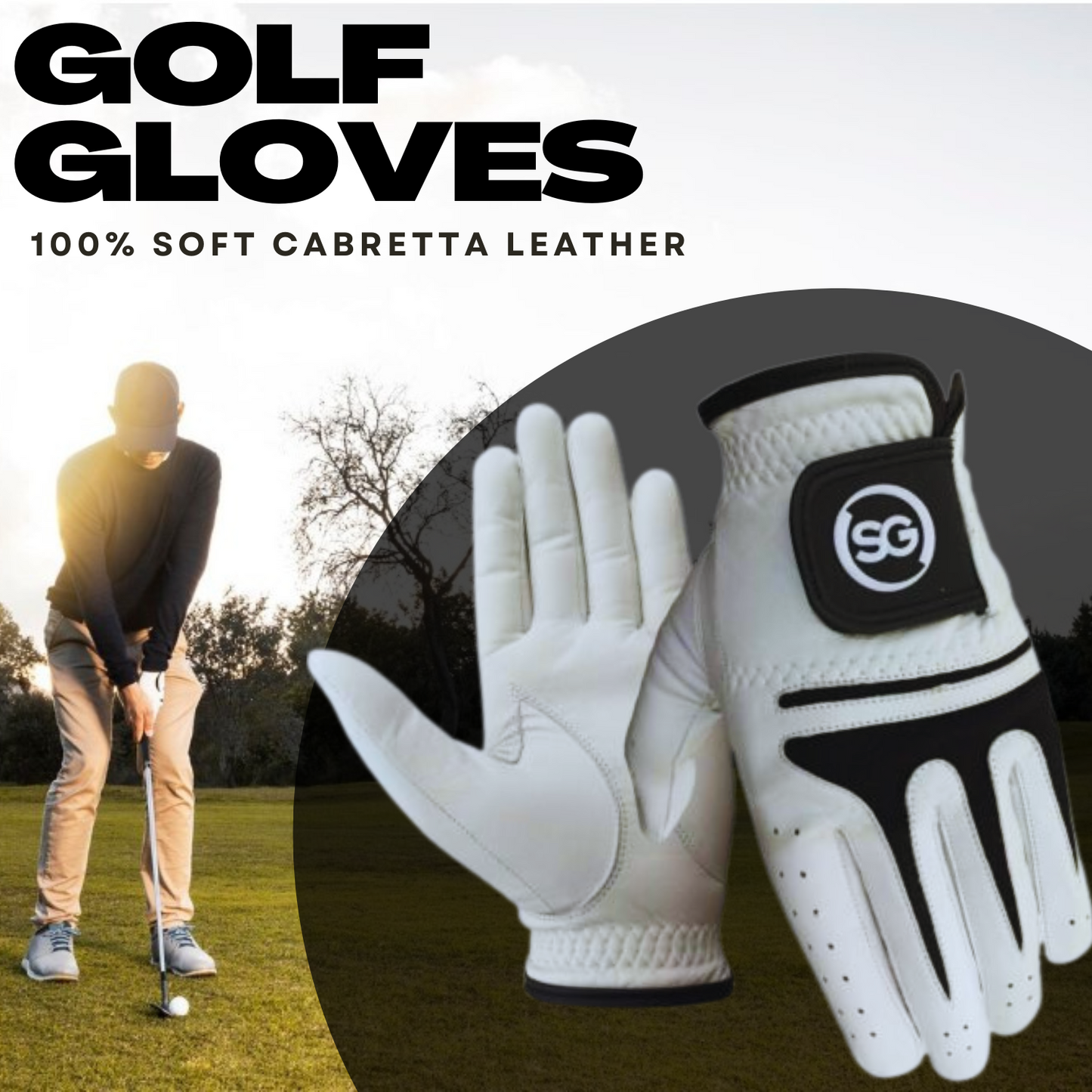06028 - SG Men White & Black AAA Cabretta Leather Golf Gloves Premium Quality