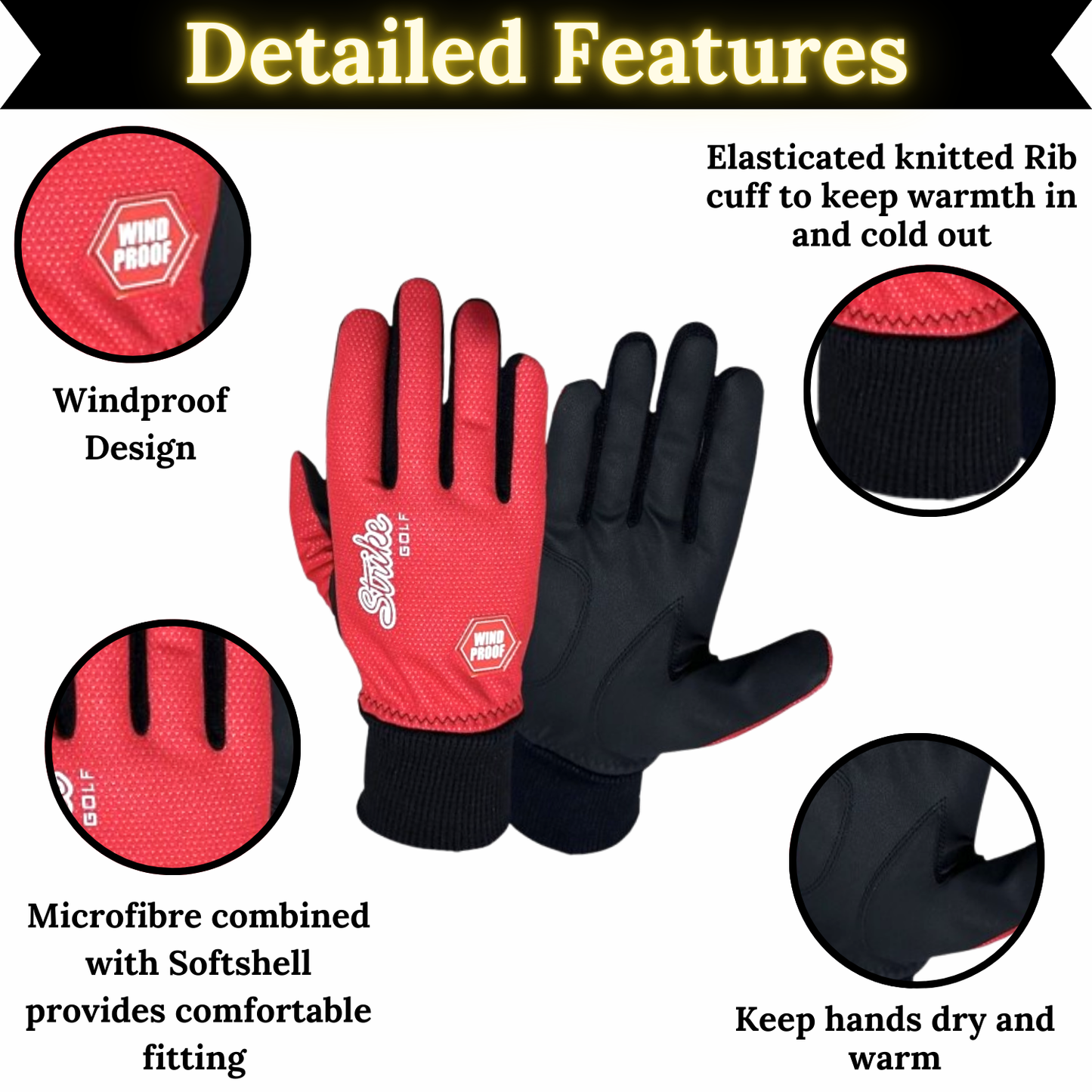 SG Men Red Winter golf gloves thermal windproof fleece lined water resistant