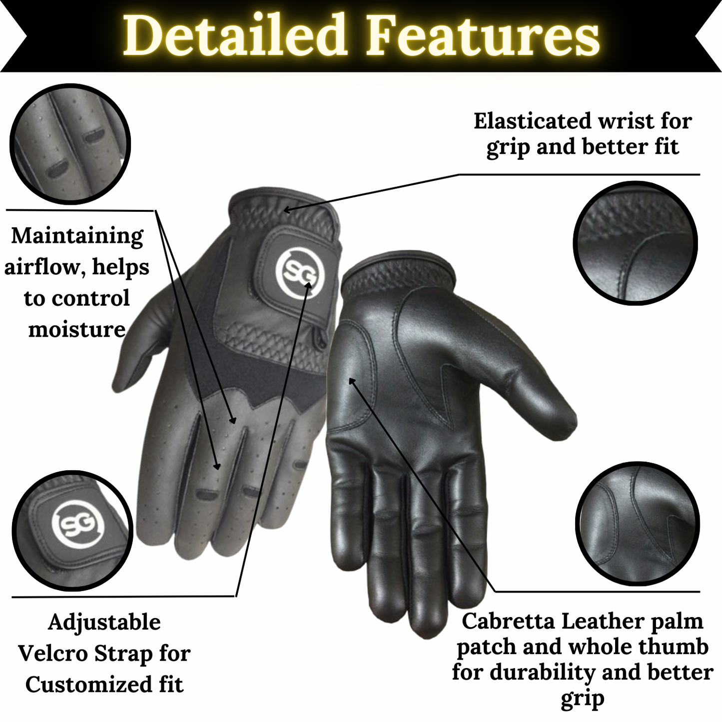 SG Men Black All weather Golf Gloves Cabretta leather palm patch and thumb