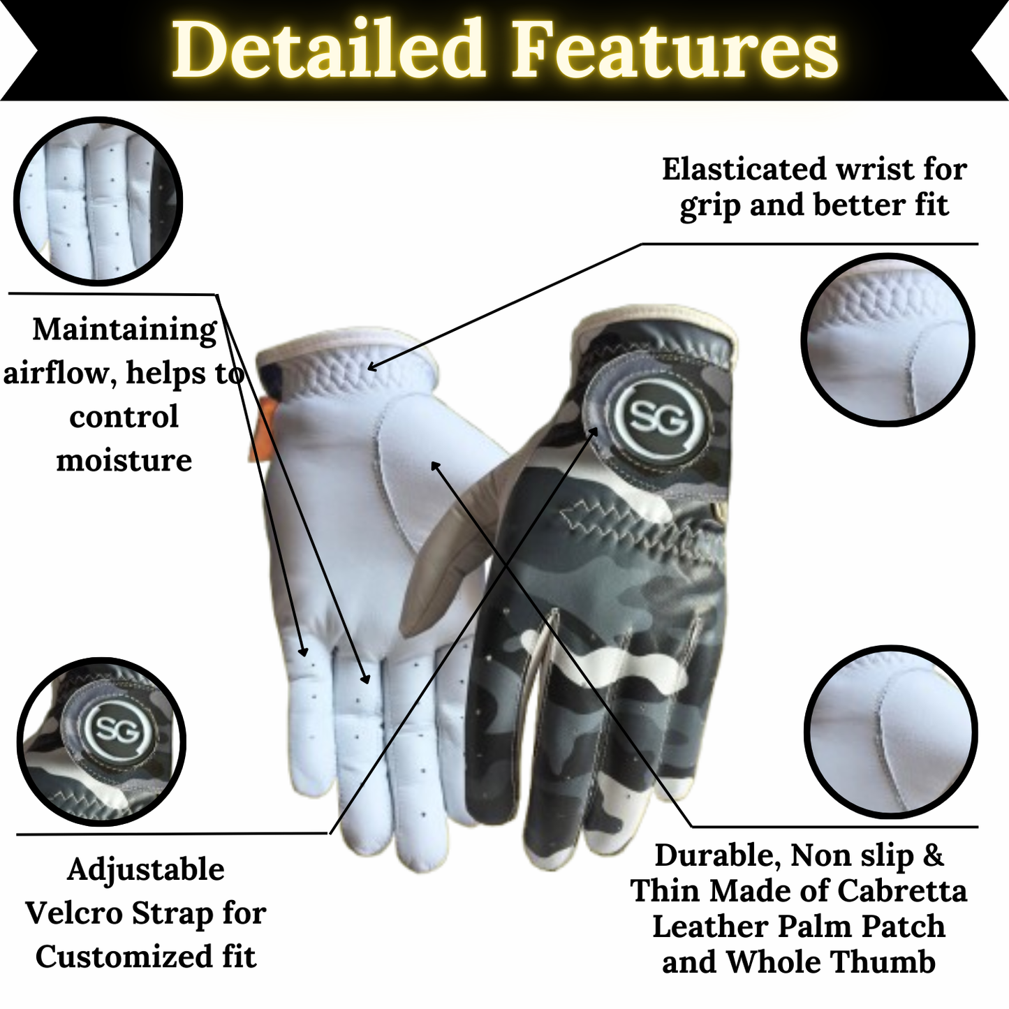 SG Men Grey / White Golf gloves Cabretta Leather Palm + Patch and thumb