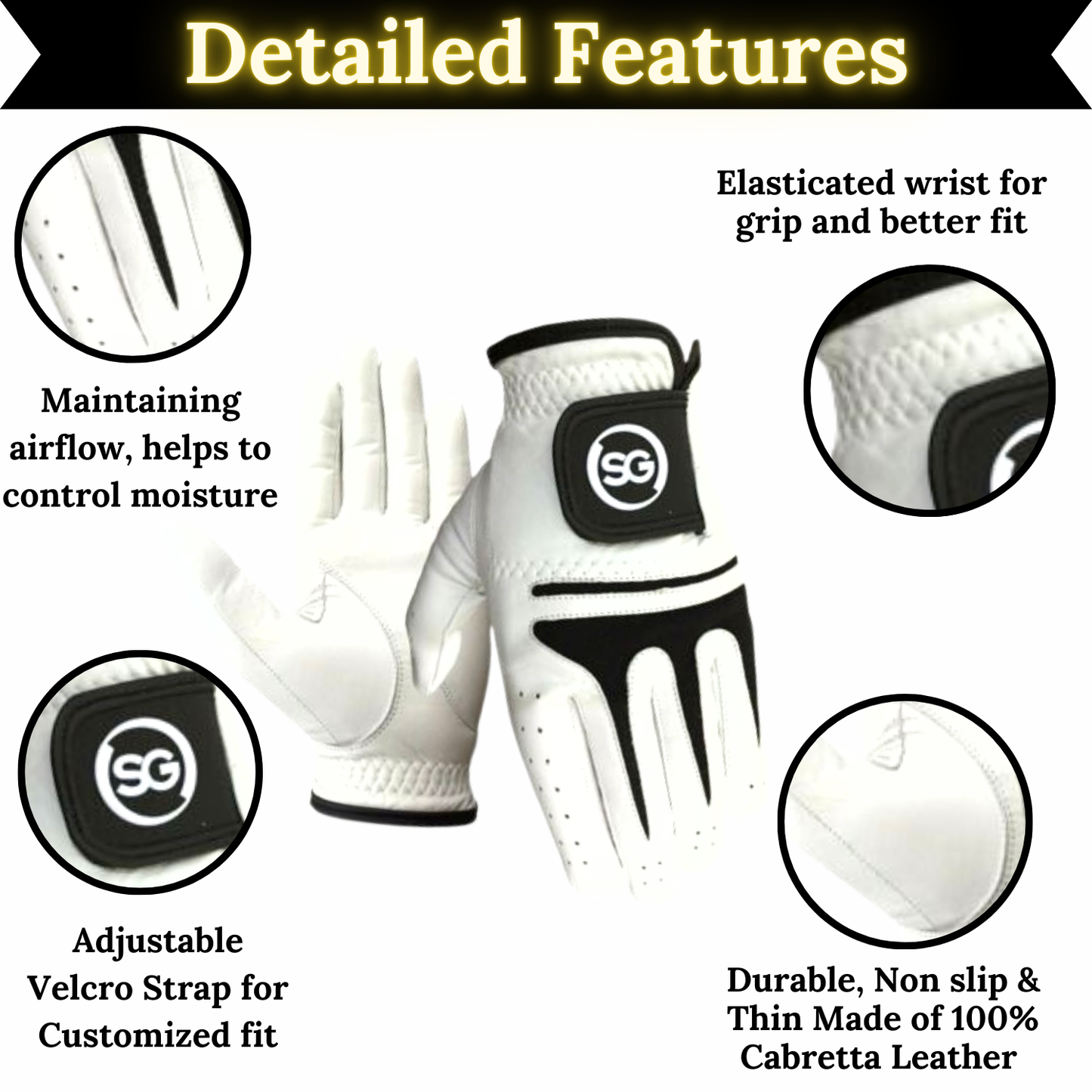 06028 - SG Men White & Black AAA Cabretta Leather Golf Gloves Premium Quality