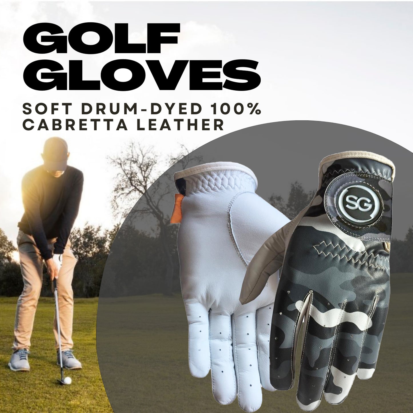 SG Men Grey / White Golf gloves Cabretta Leather Palm + Patch and thumb