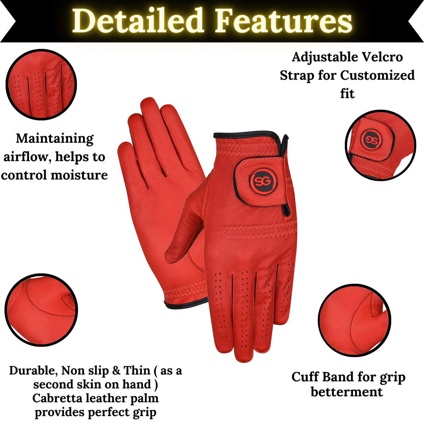 SG Men Red Cabretta Leather Golf Gloves Premium quality Leather for both Left and Right handed Golfers